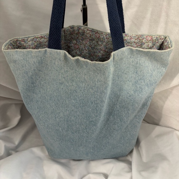 Vintage Handmade Blue Denim Floral Shoulder Tote Bag Purse Reversible - Picture 3 of 12